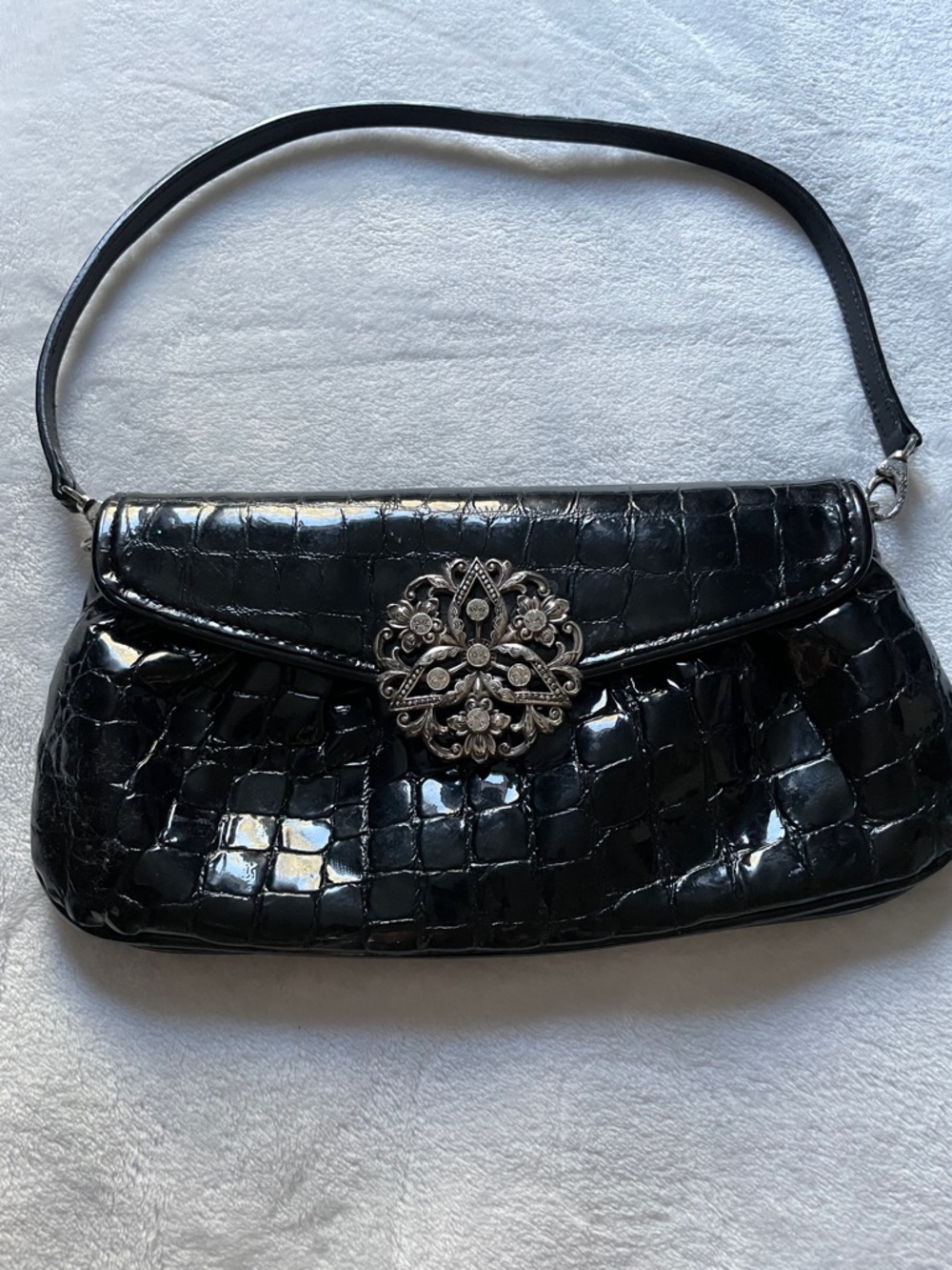 Brighton Black Croc-Embossed Wristlet with Decorative Brooch